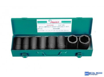 HANS 3/4" gépi hosszú dugókulcsfej készlet 8r. 22-38x90mm CrMo 86608M