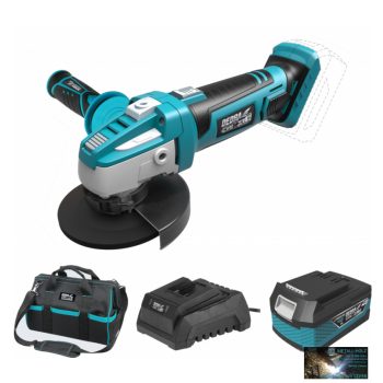   Dedra akkumulátoros sarokcsiszoló 18 V készlet (akku + töltő + táska)