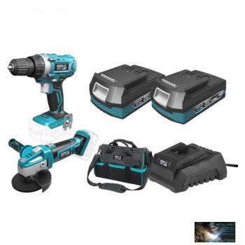   Dedra akkumulátoros sarokcsiszoló + fúró-csavarozó 18 V készlet (akku + töltő + táska) + ajándék pótakkumulátor