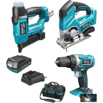  Dedra akkumulátoros fúró-csavarozó + tűzőgép + dekopírfűrész 18 V készlet (akku + töltő + táska)