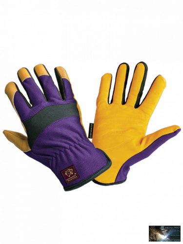 Panther sofőrkesztyű, légátersztő elasztikus kézhát, borjúbőr, 10-es, sárga/lila/fekete (10db/cs)