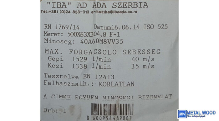 500x63x304 7A60M8V31 Iba 4510 Iba köszörűkorong Iba (Akciós) 32020757 - Image 1