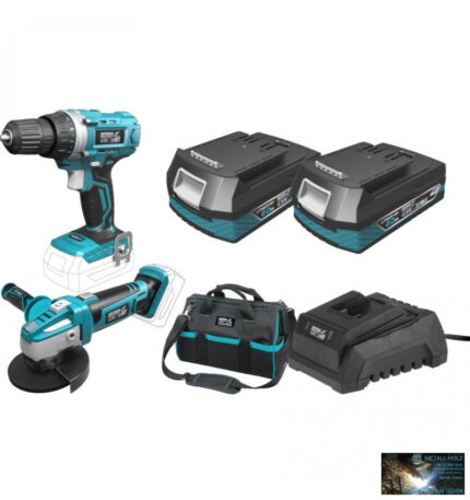 Dedra akkumulátoros sarokcsiszoló + fúró-csavarozó 18 V készlet (akku + töltő + táska) + ajándék pótakkumulátor